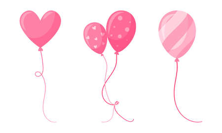 Pink festive balloons of classic shape and heart shape. Striped, with circles and hearts. A symbol of the holiday, a decorative element. Vector illustration in a flat cartoon style isolated on whiteのイラスト素材