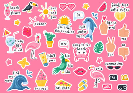 A set of summer stickers with phrases. Cocktail, flamingo, cactus, parrot, crab. Stickers with handwritten inscriptions with a white outline. Color vector illustrations in a flat cartoon styleのイラスト素材