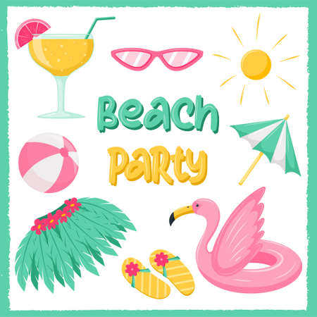 beach party. Square postcard with beach things, inflatable flamingo circle, cocktail, umbrella, ball and bag. A template for media with summer elements. Vector illustration in a flat cartoon style.のイラスト素材