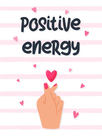 A rectangular card with a heart after clicking with your fingers. Hand gesture and words are positive energy. Vector illustration in a flat cartoon style on a pink striped texture backgroundのイラスト素材