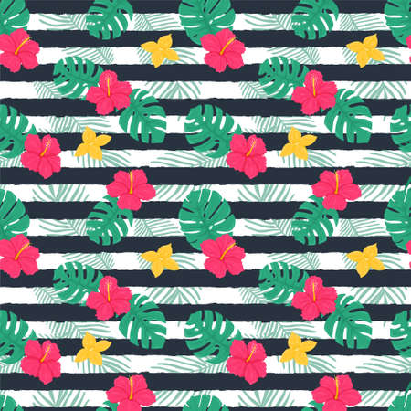 Summer seamless pattern with leaves of monstera, palm, pink and yellow flowers, hibiscus. Bright botanical vector illustrations in a flat cartoon style on a background with dark texture stripesのイラスト素材