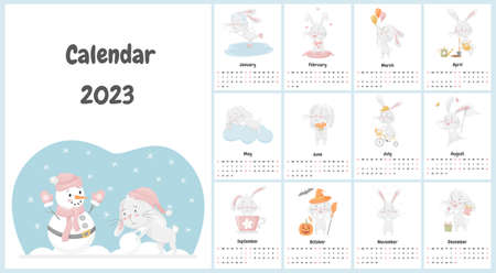 All pages of the calendar for 2023 with a cute rabbit character, the Chinese symbol of the year. A set of illustrations with a childrens character in pastel colors. Vector on a white backgroundのイラスト素材