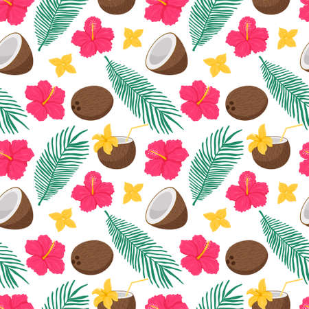 Bright summer seamless pattern with exotic, tropical fruits, flowers and palm leaves. Coconut,...