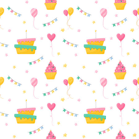 Festive seamless pattern with cute elements. Cake, balloons, flags and cake, hearts and stars. Symbols of holiday, celebration. Vector illustrations in a flat cartoon style on a white backgroundのイラスト素材