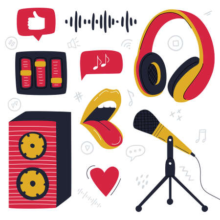 A set of design elements of a podcasting, musical, recording equipment. Over-ear headphones, a loudspeaker, a microphone on a stand with wire. Color flat vector illustration isolated on whiteのイラスト素材