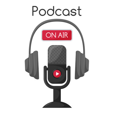 Studio over ear headphones and a classic microphone on stand with red button Play. Red sign - On air. Equipment for podcast recording, listening to music. Vector illustration isolated on whiteのイラスト素材