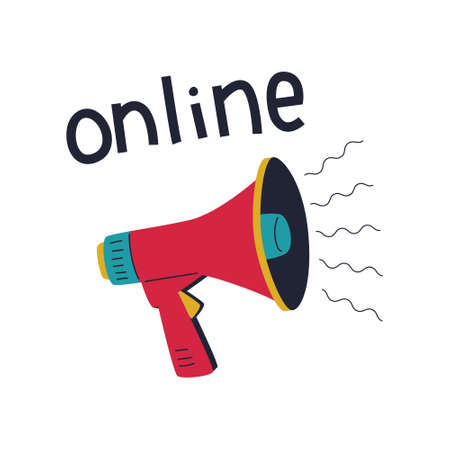 A simple flat megaphone and handwritten word Online. hand lettering. The symbol of the news message, announcements, advertising, promotion. Bright flat color vector illustration isolated on white.のイラスト素材