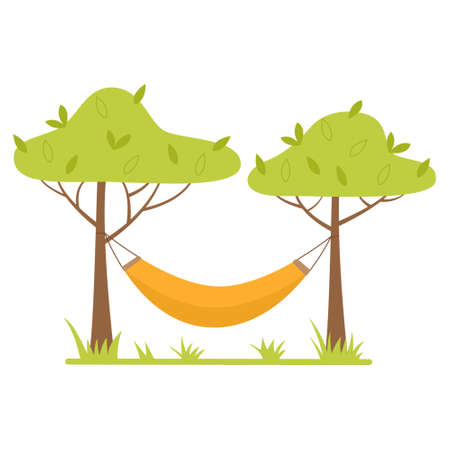 A hammock stretched between the trees. Outdoor recreation, camping. Flat vector illustration isolated on a white background.のイラスト素材