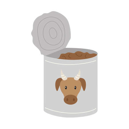 An open tin can with beef stew. Food, dry rations for field conditions, camping, hiking, traveling. Flat vector illustration isolated on a white background.のイラスト素材