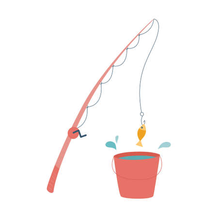 Fishing rod with fishing line and fish on a hook. Equipment for fishing. Bucket with water. Hobbies, summer activities, food extraction. Flat vector illustration isolated on a white backgroundのイラスト素材
