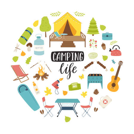 A set of hiking equipment for travel, picnic, camping, tourism. Round composition as a print on clothes, postcards, web design. Flat vector illustrations isolated on a white background.のイラスト素材
