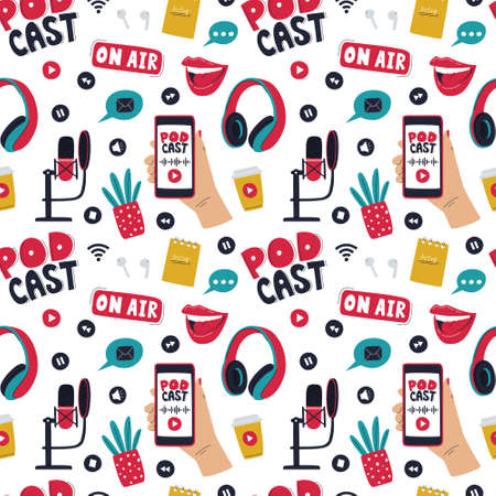Seamless pattern with colored elements symbolizing podcast, radio, online show. Hand drawn microphones, headphones, hand holding phone, word podcast, flower. Flat illustration on a white background.のイラスト素材
