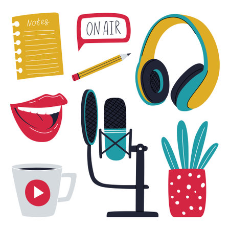 A set of elements symbolizing recording of a podcast, radio show, online show. Microphone with condenser, coffee cup, headphones, potted plant. Color flat vector illustrations isolated on whiteのイラスト素材