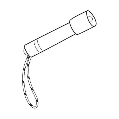 Doodle Hand-held, pocket flashlight with a drawstring. Household lighting device. Equipment for tourism, camping, travel, hiking. Outline black white vector illustration isolated on a white backgroundのイラスト素材