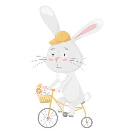 Cute smiling rabbit in a cap riding a bicycle with a basket of flowers. summer fun activity. kids design. For cards, clothes, t shirt print. adorable character. Vector illustration isolated on whiteのイラスト素材