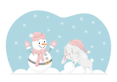 Rabbit rolls a snowball, makes a snowman. winter fun activity. Adorable character in pastel colors. Kids design for cards, clothes, web design. Children vector illustration on a white backgroundのイラスト素材