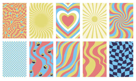 A set of geometric abstract retro posters with a chess background, sun, heart, waves, smiley face...