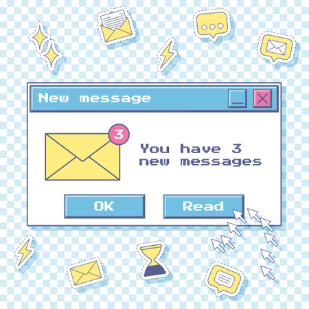 Template for social networks with a retro window with notification of new messages. Y2k stickers icons of message, comment, envelope, hourglass. Old computer ui design. Vector illustration on a blueのイラスト素材