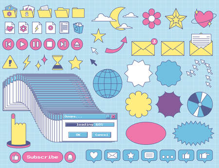 Set of retro computer ui nostalgic elements and stickers. Old PC 90s user interface icons with an outline. Frozen windows, loading, buttons, folders, arrows. Retrowave Y2K icons. vector illustrationのイラスト素材