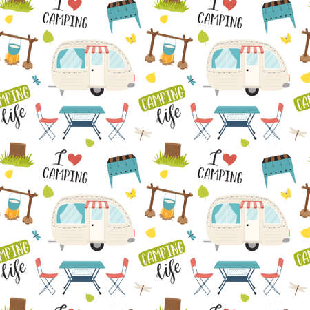 Camping seamless pattern with motorhome and camping furniture. Hand drawn cartoon travel elements and lettering. Backdrop for website, banner, cover, textile, packaging. Vector illustration on whiteのイラスト素材
