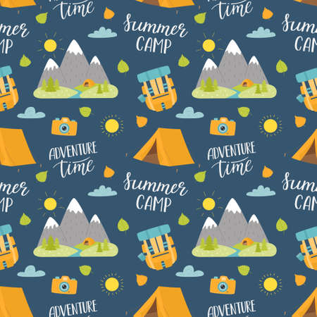 Travel, camping seamless pattern. Cartoon hand drawn hiking elements and lettering. Color backdrop for website, banner, cover, textile, packaging design. Vector illustration on dark blueのイラスト素材