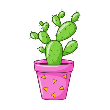 Vector cartoon cactus in pot. Indoor succulent plant with thorns. Acti for home and interior. Colorful botanical doodle illustration isolated on white background.のイラスト素材