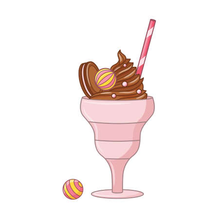 Chocolate whipped Ice cream with cookies, candy and straw in a cream bowl. Dairy cold dessert. Seasonal sweet food. Colored doodle hand drawn Vector illustration isolated on white. cartoon styleのイラスト素材