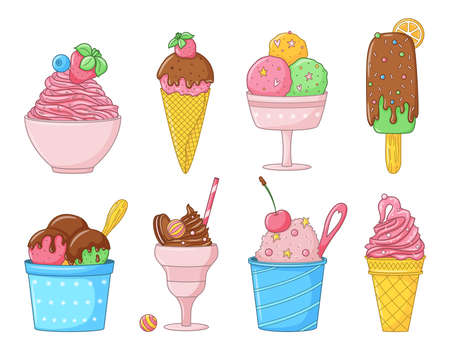 Set of cartoon colored doodle ice cream. Collection of different types of ice cream. Hand drawn...