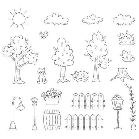 A set of hand-drawn outline trees, clouds, cats, bushes in sketch doodle style.のイラスト素材