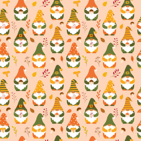 Seamless pattern with cute autumn gnomes holding mushroom, leaves, twigs in their hands. Backdrop of cartoon forest dwarfs for wrapping paper, wallpaper, textile. Vector characters on light backgroundのイラスト素材