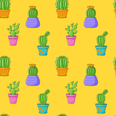 Seamless pattern with different cactus, succulent plant in bright flower pot. Cartoon Cacti. Hand drawing background with houseplants. Vector illustration on yellow backgroundのイラスト素材