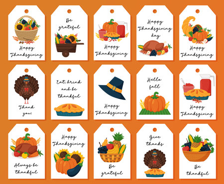 Thanksgiving Gift Tag Set. Ready-to-print label postcards with illustrations and handwritten greetings. Flat vector illustrations on white background.のイラスト素材