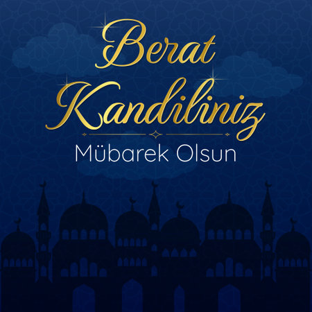 Muslim holiday. Vector concept of Islamic holy night Berat Kandiliniz. Mubarec olsun. Translation islamic holy night. Card with dark silhouette of the mosque. Vector concept on dark blue backgroundのイラスト素材