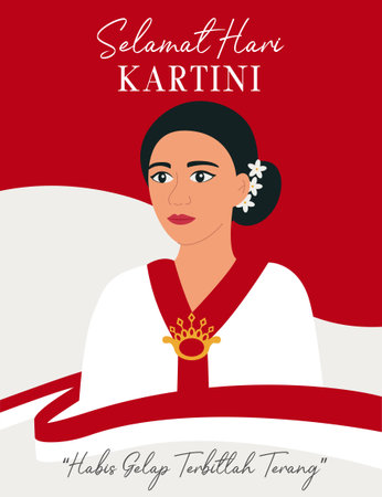 Selamat hari Kartini. Translation Happy Kartini day. Kartini is the hero of women education and human right in Indonesia. Woman on background of Indonesian flag. Flat Vector Illustration.のイラスト素材