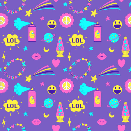 Seamless pattern with y2k style elements. Acidic vivid neon colors. Bright youth pattern with 90 s symbols. Lava lamp, bracelet, smiling face, lips. Vector illustration on purple background.のイラスト素材