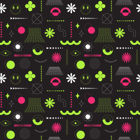Pink and green seamless pattern with neon acidic abstract geometric, bold, linear shapes. Brutalism,...