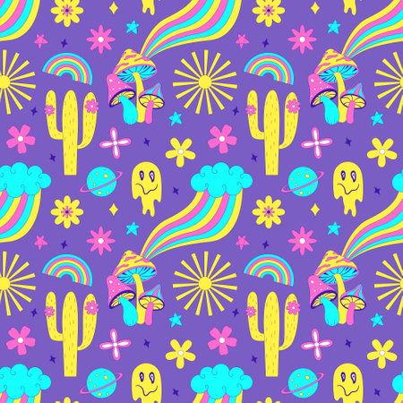Seamless pattern with y2k style elements. Acidic vivid neon colors.Bright youth pattern with symbols of the 70s. Mushrooms, cactus, melting face, rainbow, flowers. Vector illustration on purpleのイラスト素材