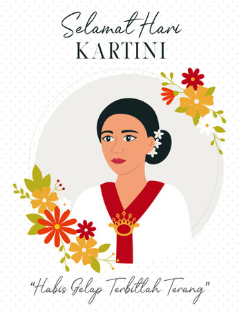 Kartini is Woman hero from indonesia. Selamat Hari Kartini Means Happy Kartini Day. Asian woman with flowers. Habis gelap terbitlah terang means After Darkness comes Light. Flat Vector Illustrationのイラスト素材