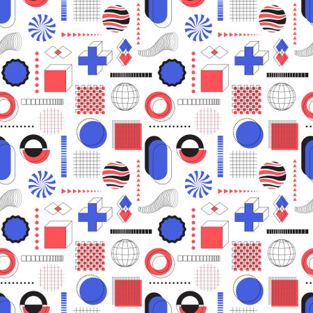 Seamless pattern with abstract graphic elements and bold geometric shapes. Circles, grid, rectangles. Red blue color objects. Bauhaus and brutalism style inspired. Vector design on white backgroundのイラスト素材