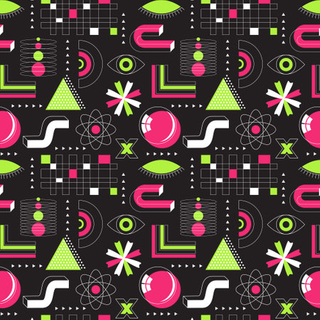 Bright pink and green neon acidic seamless pattern. Abstract geometric shapes, bold, linear objects. Brutalism, retro futurism style. Dots, triangles, grid, flowers, eye. Vector illustration on blackのイラスト素材
