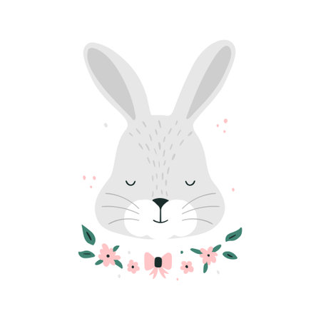 Cute Hand Drawn bunny. Lovely Print with White rabbit. Head With Flowers on a White Background. Nursery Art, kids design. Infantile Style Vector Illustration for Wall Art, Cardのイラスト素材