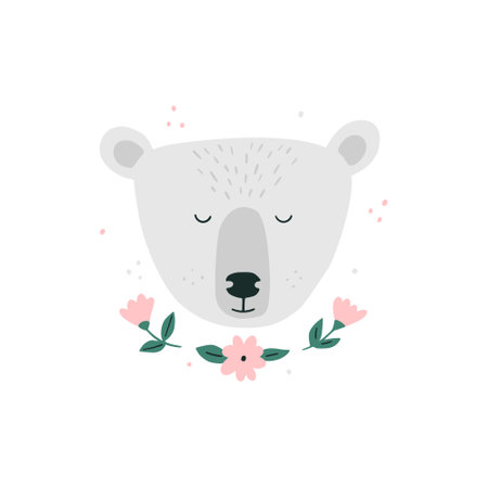 Cute Hand Drawn Polar Bear. Lovely Print with White Bear. Head With Flowers on a White Background. Infantile Style Nursery Art. Vector Illustration for Wall Art, Card.のイラスト素材