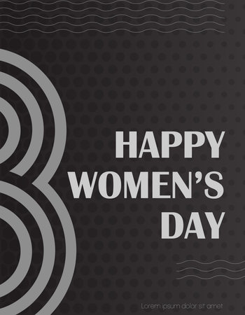 A black and white Happy womans day poster template in a minimalistic style with wavy lines and Figure Eight. Greeting card template. Vector illustration on a dark gradient backgroundのイラスト素材