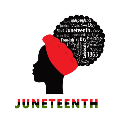 Juneteenth. Typographic Poster With Silhouette Of African Woman And Words Symbolizing African American History And Heritage, National Independence Day. Vector illustration On A White Background.のイラスト素材
