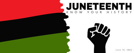 Juneteenth banner template. Black silhouette Of Clenched fist, and Textured Black History Month Flag. National African American Independence Day, Freedom day. Know your History. Vector illustrationのイラスト素材