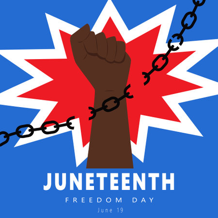 Raised Clenched Fist Breaking Chains Against The Background Of A Red And White Explosion. Juneteenth Freedom Day. African American National Independence Day. Vector Illustration On Blue Background.のイラスト素材