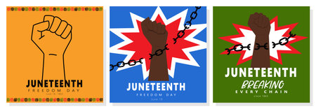 Set of greeting cards for Juneteenth.Celebrate freedom. Clenched fists breaking chains. Black History Month. African American Independence Day. Vector illustrationsのイラスト素材