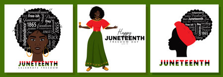 A set of greeting cards for June 19. Celebrate freedom. A Black Woman And Words Symbolizing African American History And Heritage, National Independence Day. Vector illustrations on White backgroundのイラスト素材
