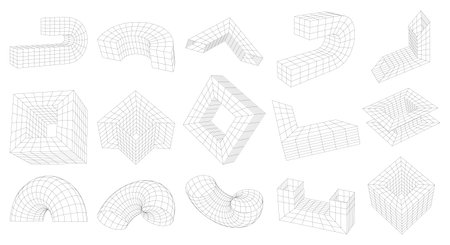 Vector Abstract Strange Geometric Wireframe 3D shapes. Perspective distorted grid, 3D Technology Mesh. Set of Different Linear elements inspired by brutalism, graphic design objects.のイラスト素材