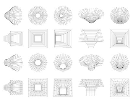 A set of wireframe geometric shapes. network line concept. Polygonal shapes, Funnels, tunnels, distorted, deformed shapes, grids. 3D mesh. Graphic design elements. vector illustrationsのイラスト素材